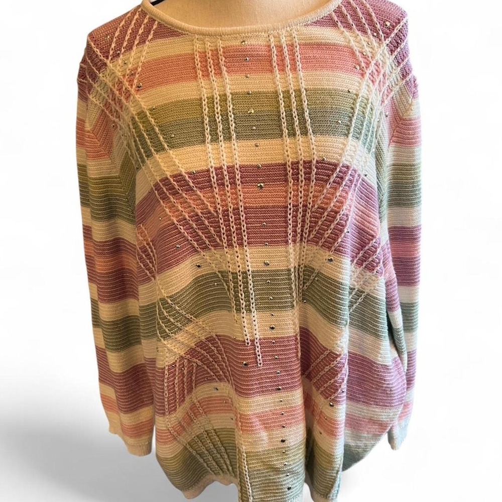 Alfred Dunner mauve and green striped sweater with crocheted and metal studs 2XL